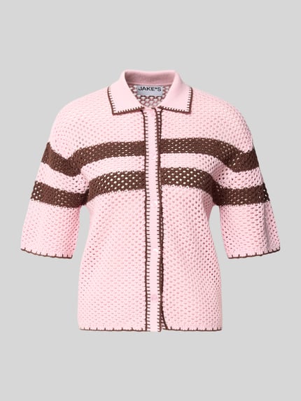 Produktfoto, Cardigan mit Polokragen und 1/2-Arm von Jake*s Casual in Rosa mit braunen Streifen, Reine Baumwolle, Gerader Schnitt, strukturierte Oberfläche