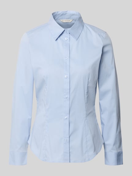 Produktfoto, hellblaue Regular Fit Langarmbluse aus Baumwoll-Mix von Tom Tailor, glatte Struktur, klassische Knopfleiste, Damen Langarmbluse von Tom Tailor