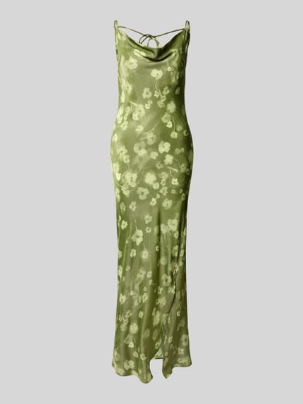Produktfoto, Schmales Freizeitkleid aus Viskose-Mix Modell 'GIONA' von Selected Femme in olivgrün mit floralem Batik-Allover-Muster, Maxi-Länge, schmale Passform, Wasserfallausschnitt, ärmellos, glatte Satin-Oberfläche