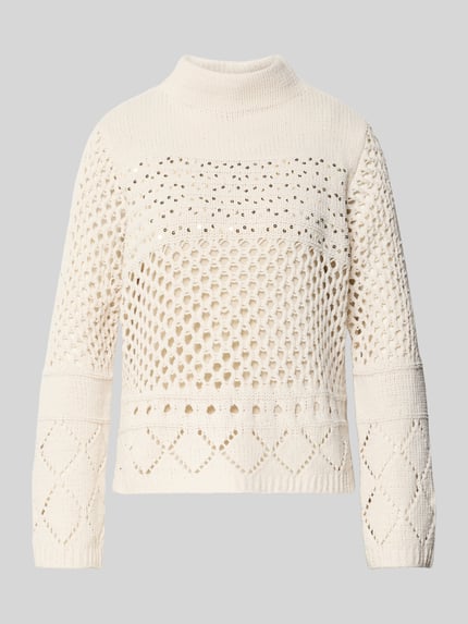 Produktfoto, Strickpullover aus Viskose-Mix mit Pailletten von monari, regular fit, staande kraag, gebroken wit, opengewerkte textuur