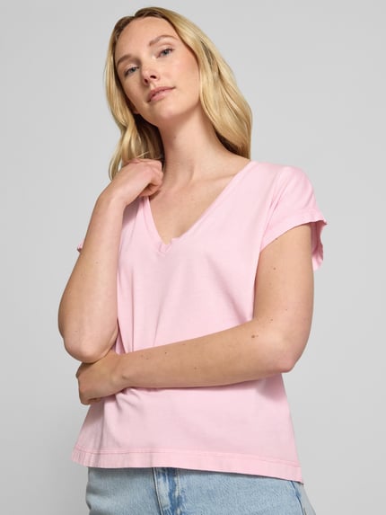 Jake*s Casual T-Shirt mit geripptem V-Ausschnitt Fuchsia 3