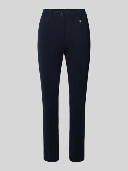 Produktfoto, stoffen broek in recht model en verkorte pasvorm Model 'Sydney' van Marc Cain, materiaalmix met stretch, labeldetail, knoop- en ritssluiting, bandwijdte maat 36: 37 cm, binnenbeenlengte 70 cm, donkerblauw, glad oppervlak.