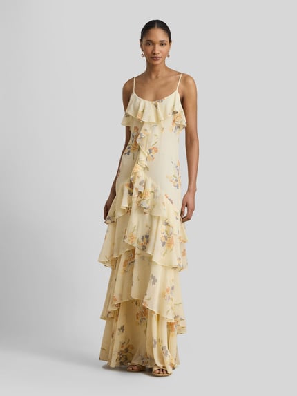 Lauren Ralph Lauren Fit and Flare Abendkleid mit Spaghettiträgern und Volants Ecru 4