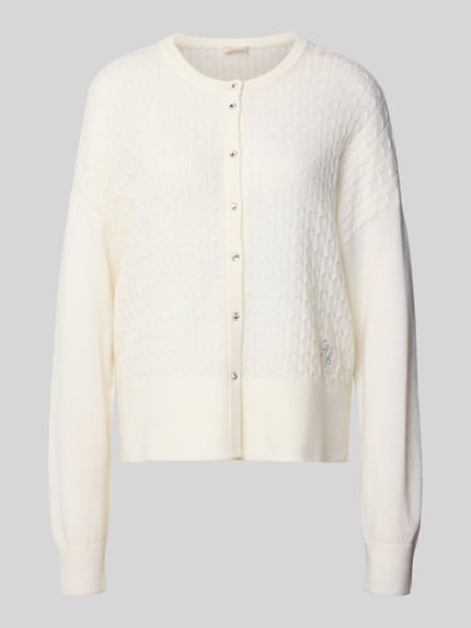 Produktfoto, Strickjacke mit Knopfleiste von Liu Jo White aus Baumwoll-Mix in Weiß, lockerer Schnitt, gerippte Abschlüsse, Rundhalsausschnitt