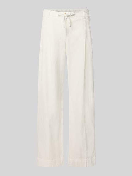 Produktfoto, Hose aus Baumwoll-Leinen-Mix Modell 'Meeri costal' von OPUS in Weiß mit Bindegürtel, weites Bein, strukturierte Oberfläche. Damen Hose, Bundweite 40 cm, Innenbeinlänge 81 cm.