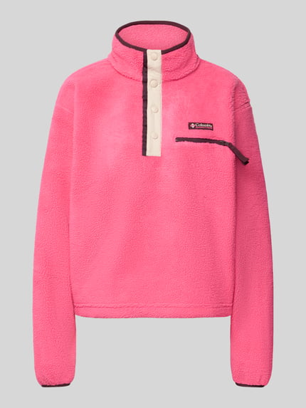 Produktfoto, Fleecepullover mit Knopfleiste Modell 'Helvetia II' von Columbia in Pink mit Stehkragen, Label-Detail und Reißverschlusstasche, Regular Fit, Struktur aus weichem Fleece, klare Kanten und dezente Kontraste, Damenmodell