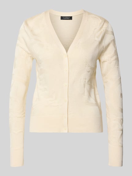Produktfoto, Strickjacke mit Knopfleiste Modell 'DENZEL' von Lauren Ralph Lauren in Creme, Viskose-Baumwoll-Mix, gerippte Abschlüsse, V-Ausschnitt.