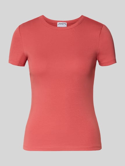 Produktfoto, T-shirt met fijnrib en ronde hals van Jake*s Casual, katoenmix met stretch, slim fit, golvende zoom, ruglengte maat S 51 cm