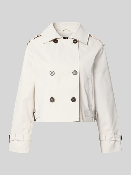 Produktfoto, Trench Jacke mit doppelreihiger Knopfleiste und Umlegekragen van monari in recht model met platte kraag, schoudertrensjes, zij-steekzakken, trensjes aan zoom en mouwboorden; ruglengte maat 36: 44 cm, schouderbreedte: 46 cm, borstwijdte: 51 cm, mouwlengte: 58 cm