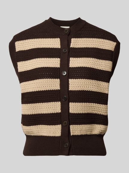 Produktfoto, Regular Fit Weste in Strick-Optik Modell 'Lydisy' von Drykorn, Reine Baumwolle, Knopfleiste, elastische Abschlüsse, braun-beige, Rückenlänge 50 cm bei Größe S
