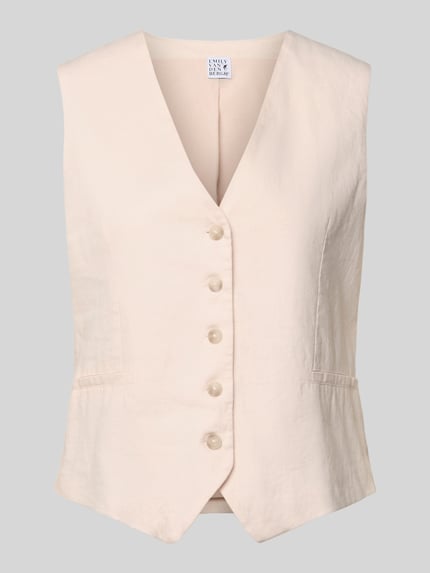 Produktfoto, Leinenweste mit V-Ausschnitt und Paspeltaschen von Emily Van den Bergh in Beige, glatte Textur, regelmäßige Passform, Knopfleiste