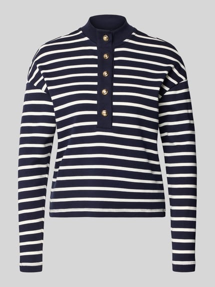 Produktfoto, Ringel Polo Shirt mit sierknopen van Christian Berg Woman, dames poloshirt in los model met geribde opstaande kraag, korte knoopsluiting, ruglengte maat S 52 cm, marineblauw met witte strepen, fijne textuur