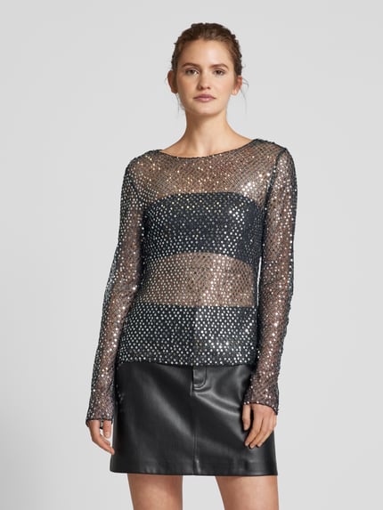 PIECES Slim fit shirt met lange mouwen van halftransparante mesh, model 'RISSI' Zwart - 4