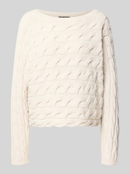 Produktfoto, Relaxed Fit Strickpullover aus Baumwoll-Mix mit Zopfmuster van Oui in gebroken wit met U-boothals, zachte textuur