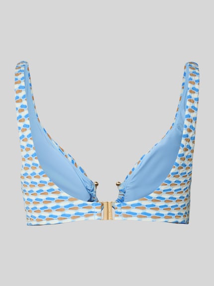 Produktfoto, Bikini-Oberteil im Allover-Look Modell 'MALA' von Seafolly, blau-weiß gemustert, Material-Mix mit Stretch-Anteil, Ring auf Vorderseite, Körpernahe Passform.