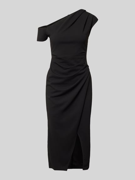 Produktfoto, schwarzes Damen Midikleid mit One-Shoulder-Design, Raffung, Gehschlitz, taillierter Passform, Elastischer-Material-Mix von Lipsy.