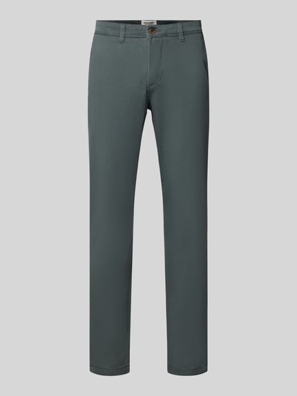 Produktfoto, chinosy z wpuszczanymi kieszeniami Model 'MARCO' od JACK & JONES, krój straight fit, zapięcie na guzik i zamek błyskawiczny, wpuszczane kieszenie i kieszenie z tyłu, Szerokość w rozmiarze 32/32: 42 cm, Długość wewnętrzna nogawki w rozmiarze 32/32: 77 cm