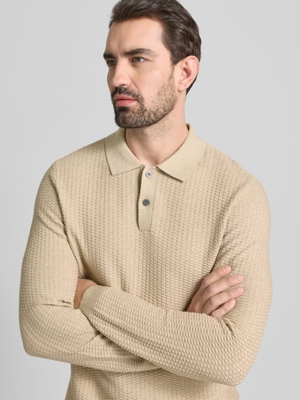 Männermodel draagt Gebreide pullover met polokraag van Christian Berg Men, puur katoen, regular fit, ribboorden, knoopsluiting, Nahaufnahme Oberkörper.