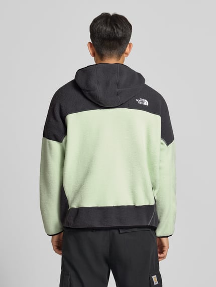 Männermodel trägt Fleecejacke mit Kapuze und Logo-Stitching von The North Face in Mintgrün und Schwarz, Ganzkörperansicht Rückansicht. Herren Fleecejacke, Regular Fit, Reißverschluss, seitliche Reißverschlusstaschen, Rückenlänge 72 cm, Ärmellänge 69 cm.