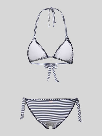 Produktfoto, Bikini-Set met labeldetail model 'NUCODIMKA' van Banana Moon, materiaalmix met stretch, nauwsluitend model, dames, halter, vetersluiting, witte en donkerblauwe strepen, gladde textuur