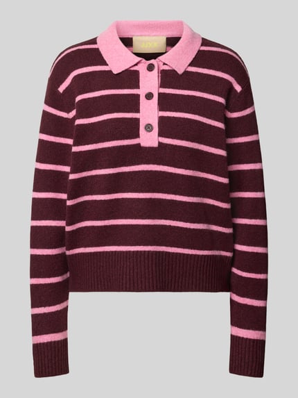 Produktfoto, Strickpullover mit Polokragen Modell 'RUBY' von JJXX, bordeaux mit rosa Streifen, Baumwoll-Mix, lockere Passform, gerippte Abschlüsse