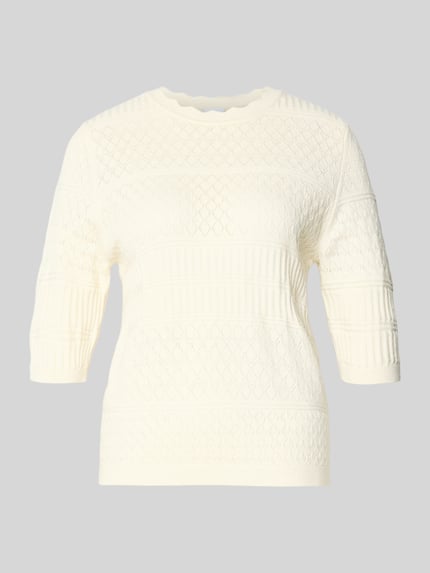 Produktfoto, cremefarbener Strickpullover mit 1/2-Arm Modell 'MILOS' von Vila, Viskose-Mix, Rundhalsausschnitt, Regular Fit, feine Strukturmuster