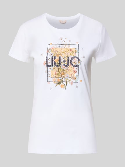 Produktfoto, T-shirt mit Label-Print und Ziersteinbesatz von Liu Jo White, damski t-shirt z czystej bawełny, krój regular fit, nadruk z logo, obszycie ozdobnymi kamieniami, okrągły dekolt, długość tyłu rozmiar S 62 cm, kolor biały, delikatne wzory kwiatowe