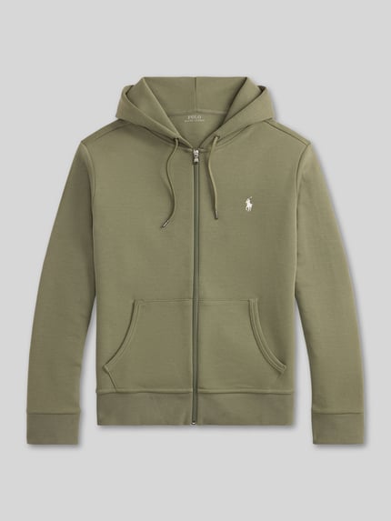 Produktfoto, olivgrüne Regular Fit Sweatjacke aus Baumwoll-Mix von Polo Ralph Lauren, glatte Textur, sichtbare Kapuze und Kängurutasche, Herren Sweatjacke von Polo Ralph Lauren