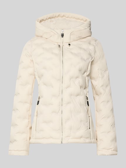 Productfoto, Regular Fit Steppjacke mit Kapuze van s.Oliver RED LABEL, effen crème, lange mouwen, steekzakken met rits, elastische boorden, staande kraag met capuchon, zichtbare rits, zachte gewatteerde textuur.