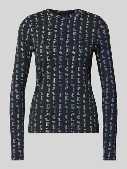 Produktfoto, Longsleeve mit Label-Print von Marc Cain, Schwarz mit buntem Muster, eng anliegender Schnitt, Material-Mix mit Stretch-Anteil