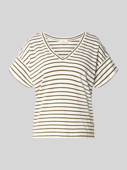 Produktfoto, Relaxed Fit T-Shirt aus reiner Baumwolle von s.Oliver RED LABEL, cremeweiß mit braunen Streifen, glatte Struktur