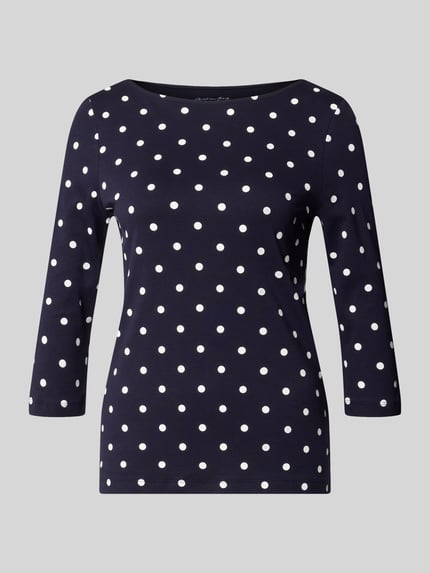 Produktfoto, Shirt aus reiner Baumwolle mit 3/4-Arm von Christian Berg Woman, dunkelblau mit weißen Punkten, taillierte Passform, U-Boot-Ausschnitt, Rückenlänge bei Größe 36: 60 cm