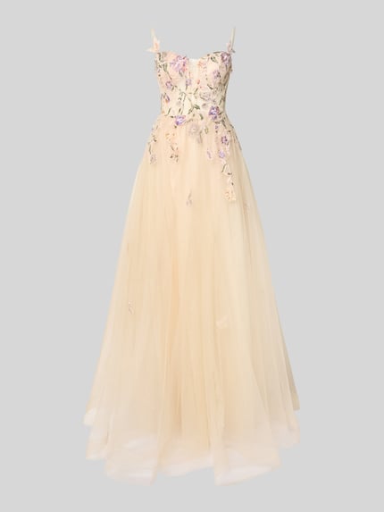 Produktfoto, Abendkleid aus Tüll mit Stitchings von Unique in A-Linie als Maxikleid mit Spaghettiträgern, zarte Textur, Cremefarben, Stickdetails, rückseitiger Reißverschluss. Rückenlänge Größe 36: 130 cm, Brustweite: 28 cm.