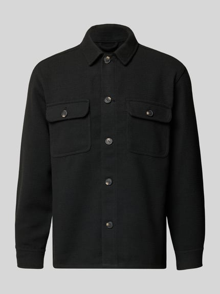Produktfoto, Regular Fit Hemdjacke mit Brusttaschen Modell 'REGENT' von JACK & JONES, fein strukturiert, Schwarz, Kentkragen, Knopfleiste