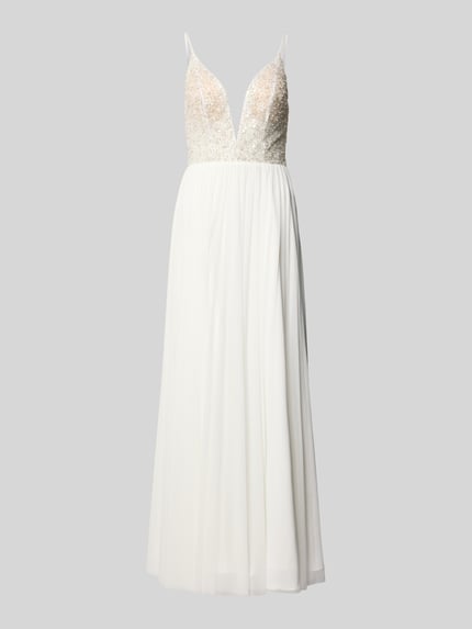 Produktfoto, Abendkleid mit Ziersteinbesatz von Hey Kyla, biała, fałdowana faktura, kryta halka, szerokość w rozmiarze 36: 33 cm, długość tyłu 122 cm, krój slim fit, cienkie ramiączka
