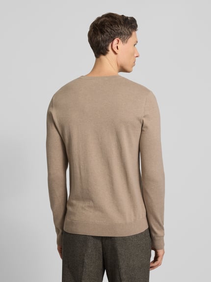 Männermodel draagt Regular Fit Pullover uit pure katoen Model 'BERG' van SELECTED HOMME, look: effen, fijngebreid, lange mouw, rompzoom geribd, kleur lichtbruin. Ganzkörperansicht achteraan.
