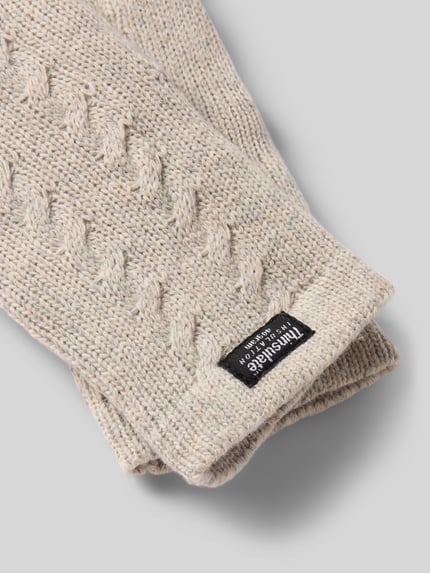 Produktfoto, Handschuhe aus reiner Wolle mit Label-Detail von EEM in Beige mit Zopfmuster, geripptem Abschluss und weicher Struktur.