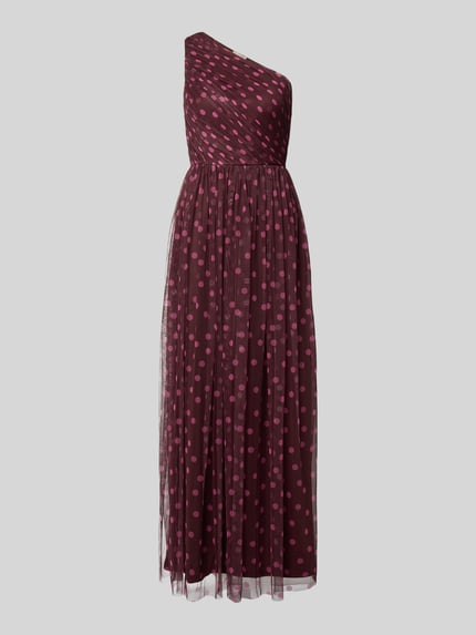 Produktfoto, Maxikleid im One-Shoulder-Look von LACE & BEADS in Bordeaux mit rosa Punkten, Mesh, A-Linie, Drapierungen, stilvolle Textur