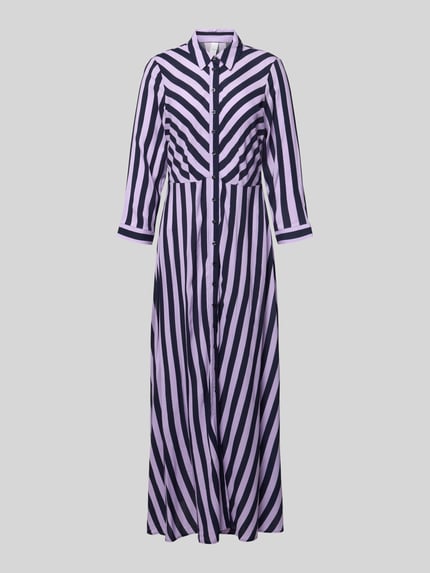 Produktfoto, Hemdblusenkleid aus Viskose mit 3/4-Arm Modell 'SAVANNA' von YAS, getailleerd model, Maxi-jurk, overhemdkraag, Knoopsluiting, paars met zwarte diagonale strepen, gladde textuur, Ruglengte maat S 139 cm, Borstwijdte maat S 45 cm, Mouwlengte maat S 49 cm