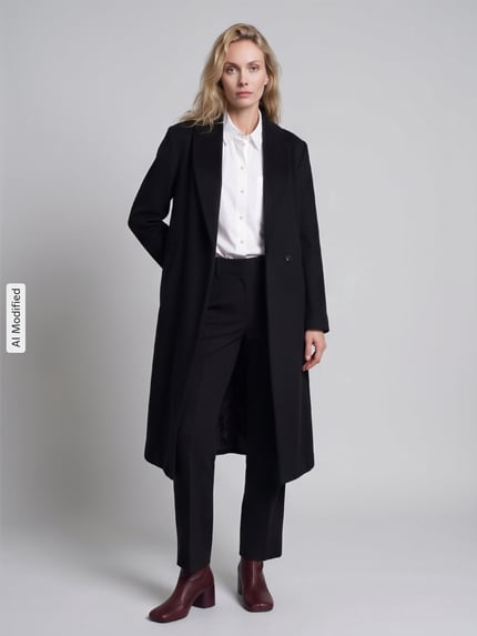 Frauenmodel trägt Regular Fit Mantel mit Woll-Anteil Modell 'Mindina' von HUGO in Schwarz vor grauem Hintergrund, Ganzkörperansicht von vorne, KI-modifiziertes Bild. Damen Mantel von HUGO.