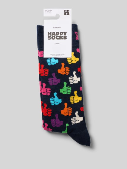 Produktfoto, Socken mit Allover-Motiv-Print von Happy Socks aus stretchigem Baumwoll-Mix, bunte Farben, Label-Detail, elastische Rippbündchen.