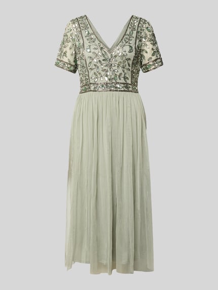 Produktfoto, Knielanges Kleid mit floralem Pailettenbesatz von LACE & BEADS, jasne kolory, dopasowany krój, siateczka, krótki rękaw, dekolt V, długość tyłu w rozmiarze S: 100 cm, szerokość w rozmiarze S: 42 cm, długość rękawa w rozmiarze S: 19 cm, wyrazista tekstura, wzory kwiatowe