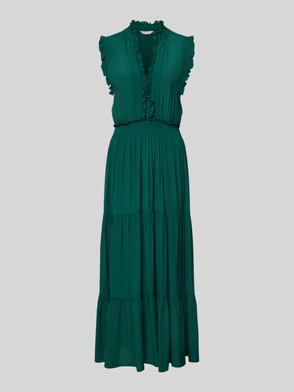 Produktfoto, Maxikleid aus Viskose mit V-Ausschnitt und Rüschen von Apricot in sattem Grün, A-Linie, Stufen-Look, strukturierte Optik
