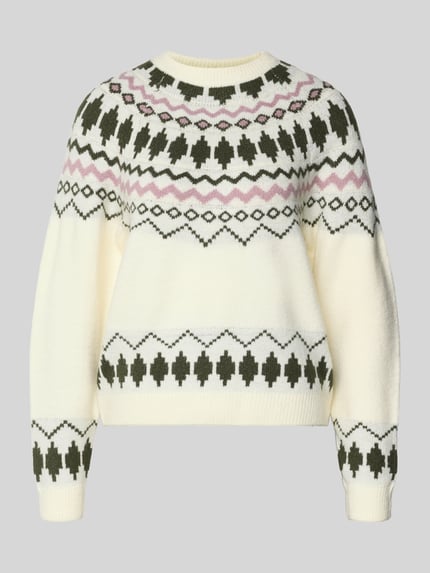Produktfoto, Strickpullover met ronde hals Model 'PEYSA' van Vila, materiaalmix met stretch, regular fit, Noorse look, crèmekleur met zwart en lila patronen