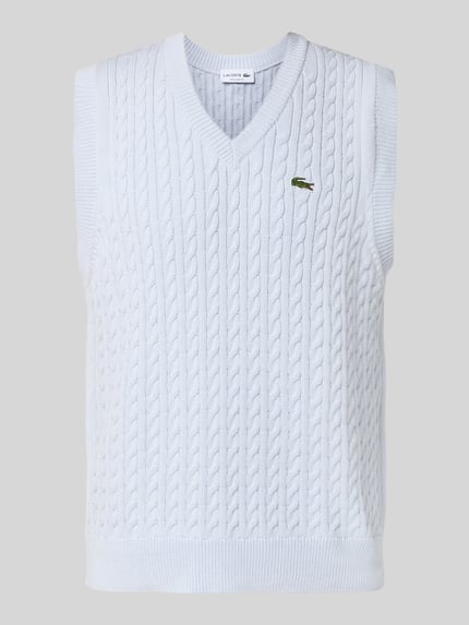 Produktfoto, Regular Fit Weste aus Baumwoll-Mix von Lacoste, Optik: Unifarben, Strickoptik mit Zopfmuster, Logo-Detail, gerippter Abschluss