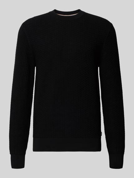 Produktfoto, schwarzer Regular Fit Strickpullover aus reiner Baumwolle Modell 'IMBERTO' von BOSS, strukturierte Optik, Crew Neck, langarm, gerippte Abschlüsse.