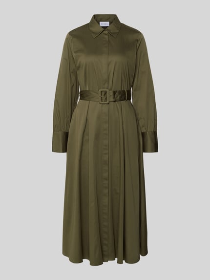 Produktfoto, Regular Fit Midi-jurk met platte kraag van Comma, getailleerde pasvorm, katoenmix, lange mouwen, afneembare stoffen riem, doorlopende knoopsluiting, olijfgroen, gladde textuur