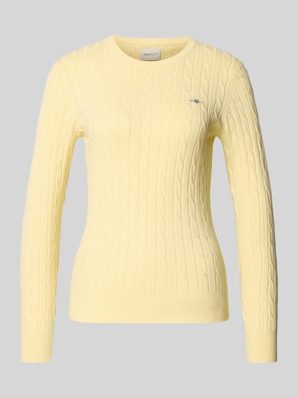 Produktfoto, Strickpullover mit Zopfmuster und Label-Stitching von Gant, gelb, katoenmix met stretch, slim fit, ronde hals, dames, kabelpatroon