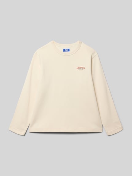 Produktfoto, Regular Fit Sweatshirt mit Logo-Print Modell 'Upstate' von Jack & Jones in Creme, reine Baumwolle, Rundhalsausschnitt, glatte Struktur