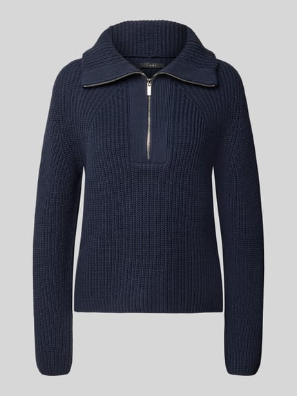 Produktfoto, Strickpullover mit Troyer-Kragen und Reißverschluss van Oui, donkerblauw, katoenmix, regular fit, structuurbreisel, voorkant